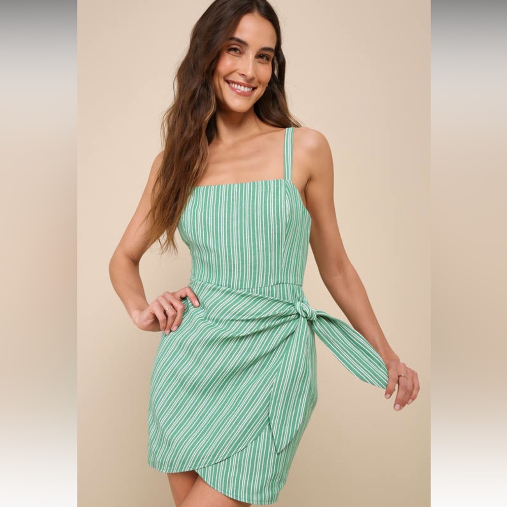 Lulu’s Lighthearted Vibes Green and Ivory Striped Side-Tie Mini Dress